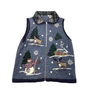 Donnkenny Holiday Sweater Full Zip Blue Angora Snowman Deet Cabin Womens Large